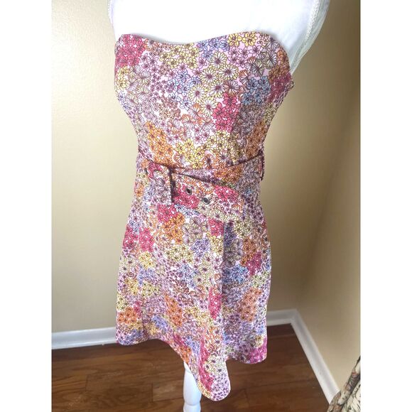 NWT no comment Womens Pink Micro Floral Strapless Mini Dress Sz M Retro 60s Cute - Picture 2 of 16